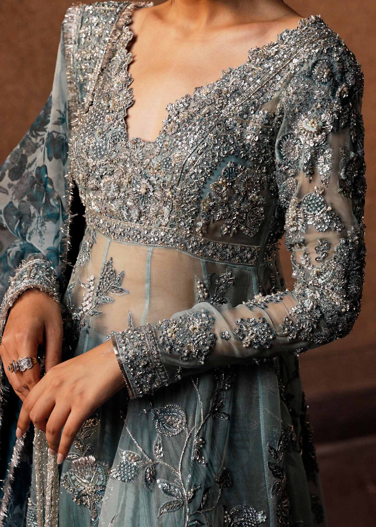 hussain rehar blue dress Hussain Rehar | ' This blue chanderi pishwas features an attached embellished bodice and green borders, creating a striking contrast. The...