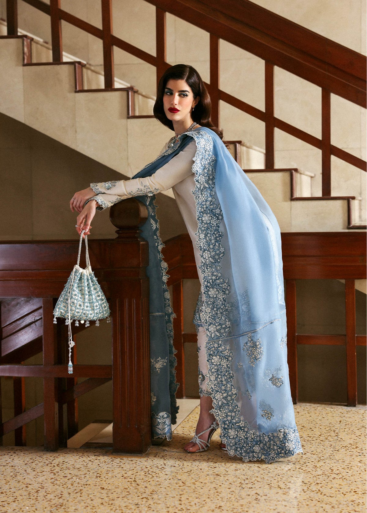hussain rehar ice blue dress Hussain Rehar | Astra -A dainty ice blue silhouette, lavishly adorned with intricate embellishments on the front and back bodice, creates an alluring
